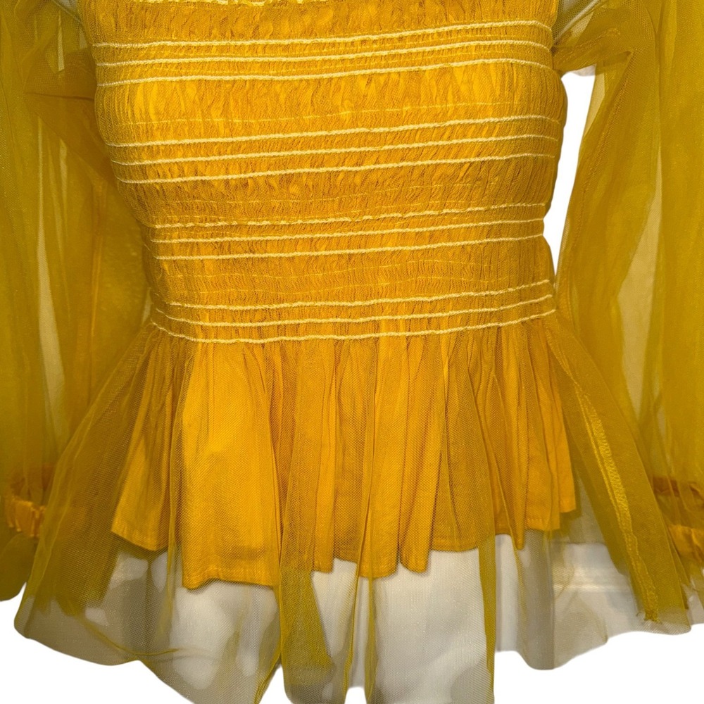 IRIS Bright Lemon Yellow Smocked Cold Shoulder Tulle Puff Sleeve Peplum Top M - Picture 6 of 8